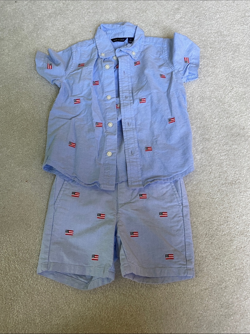 NWOT Janie and Jack Light Blue Embroidered Flag Kids Matching Set